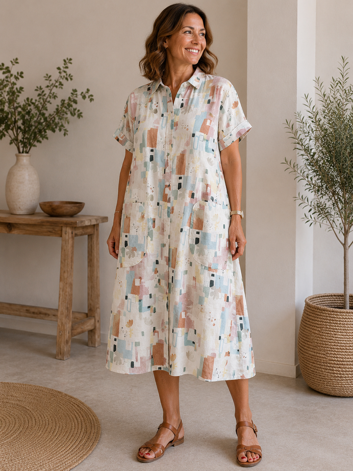 Olivia | Abito a camicia in lino e cotone stampato