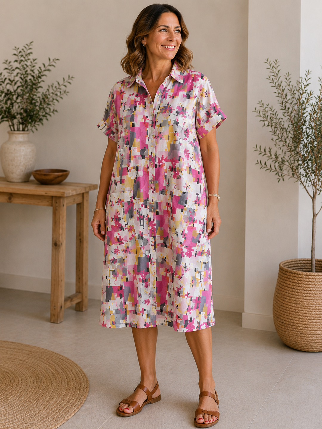 Olivia | Abito a camicia in lino e cotone stampato