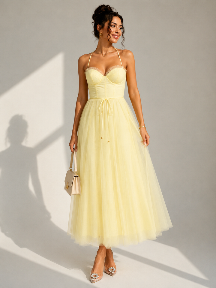 Brigitta | Elegante abito midi in tulle con schiena scoperta e dettaglio a bustino