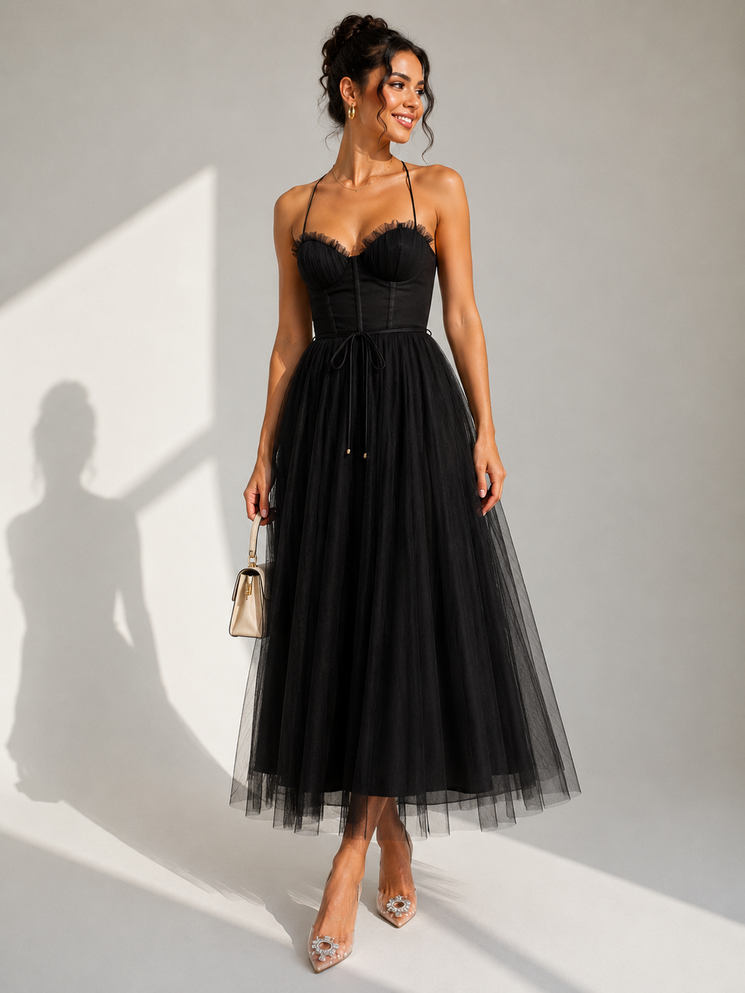 Brigitta | Elegante abito midi in tulle con schiena scoperta e dettaglio a bustino