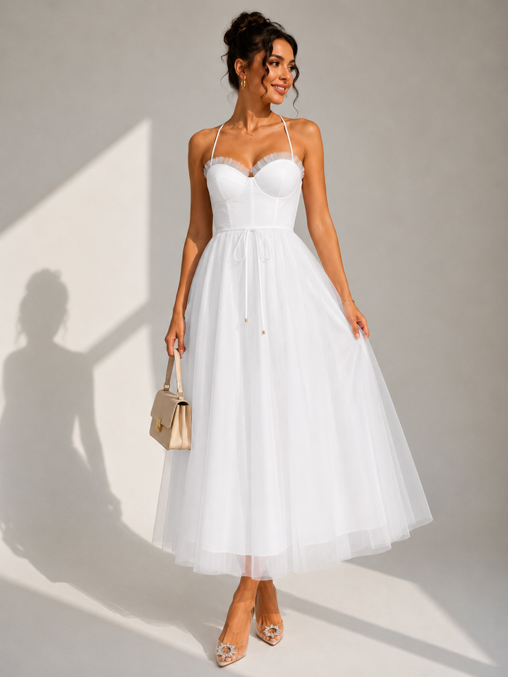 Brigitta | Elegante abito midi in tulle con schiena scoperta e dettaglio a bustino