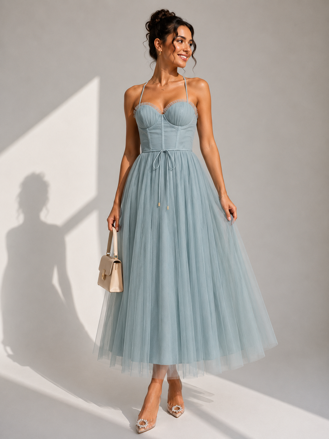 Brigitta | Elegante abito midi in tulle con schiena scoperta e dettaglio a bustino