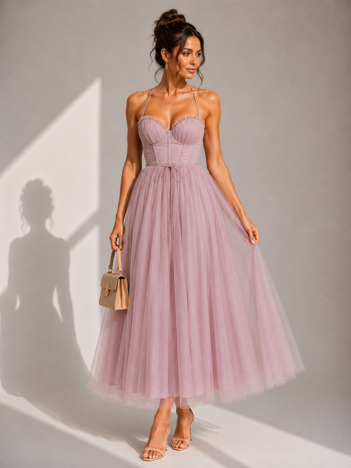 Brigitta | Elegante abito midi in tulle con schiena scoperta e dettaglio a bustino
