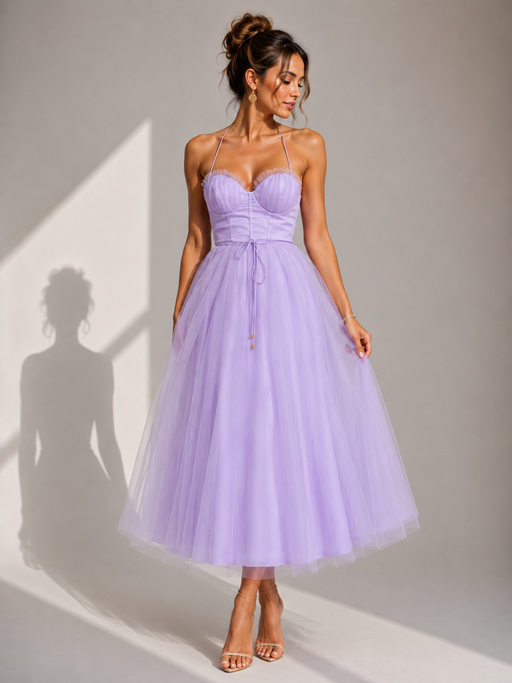 Brigitta | Elegante abito midi in tulle con schiena scoperta e dettaglio a bustino