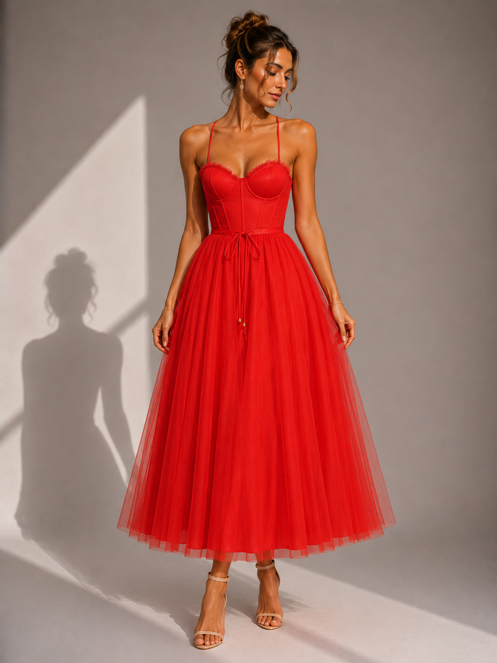 Brigitta | Elegante abito midi in tulle con schiena scoperta e dettaglio a bustino