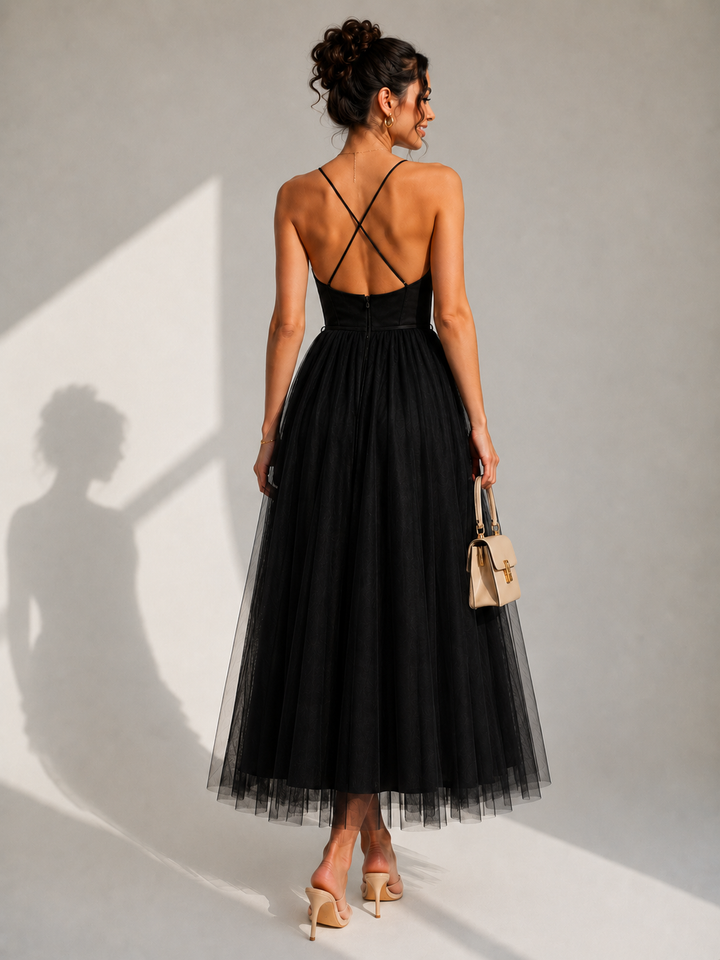 Brigitta | Elegante abito midi in tulle con schiena scoperta e dettaglio a bustino