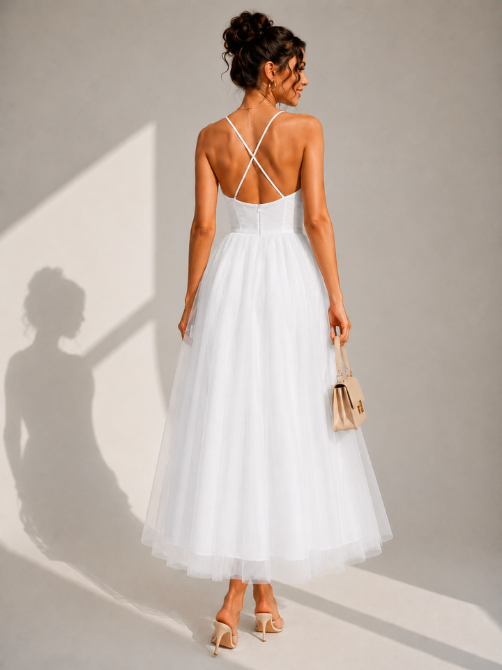 Brigitta | Elegante abito midi in tulle con schiena scoperta e dettaglio a bustino