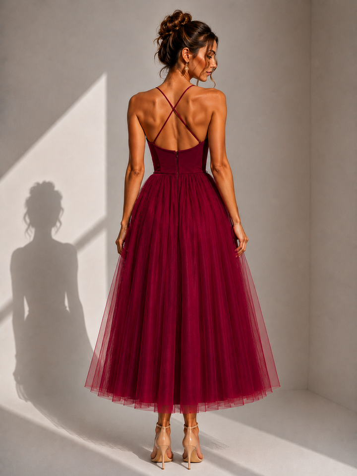 Brigitta | Elegante abito midi in tulle con schiena scoperta e dettaglio a bustino