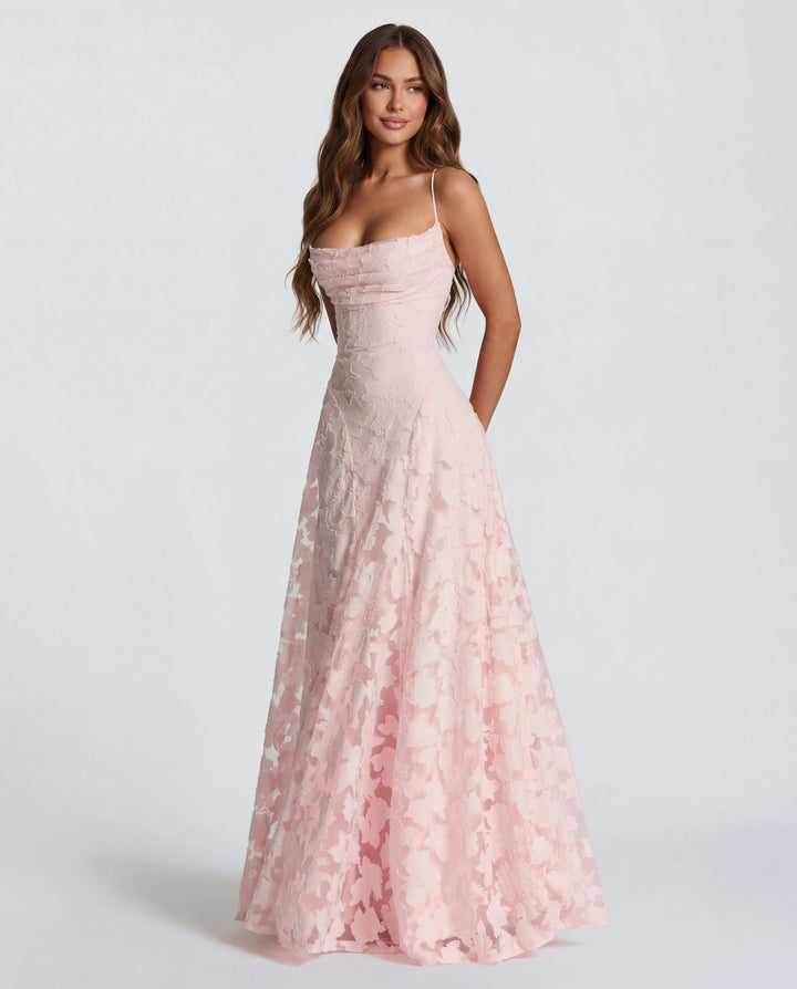 Sofia | Abito Maxi in Pizzo Floreale con Spalline a Spaghetti e Scollo Dritto