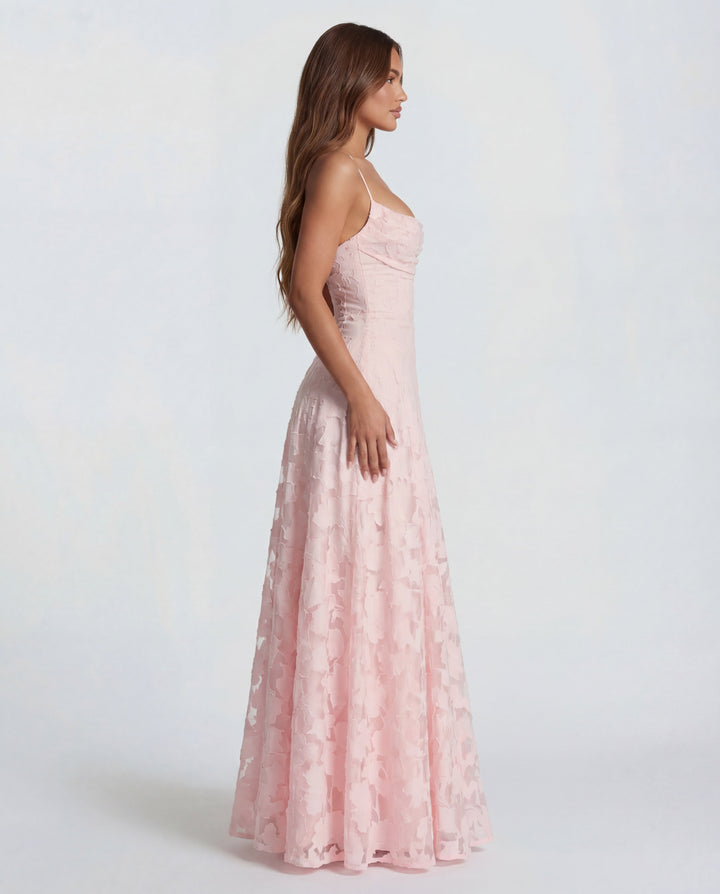 Sofia | Abito Maxi in Pizzo Floreale con Spalline a Spaghetti e Scollo Dritto